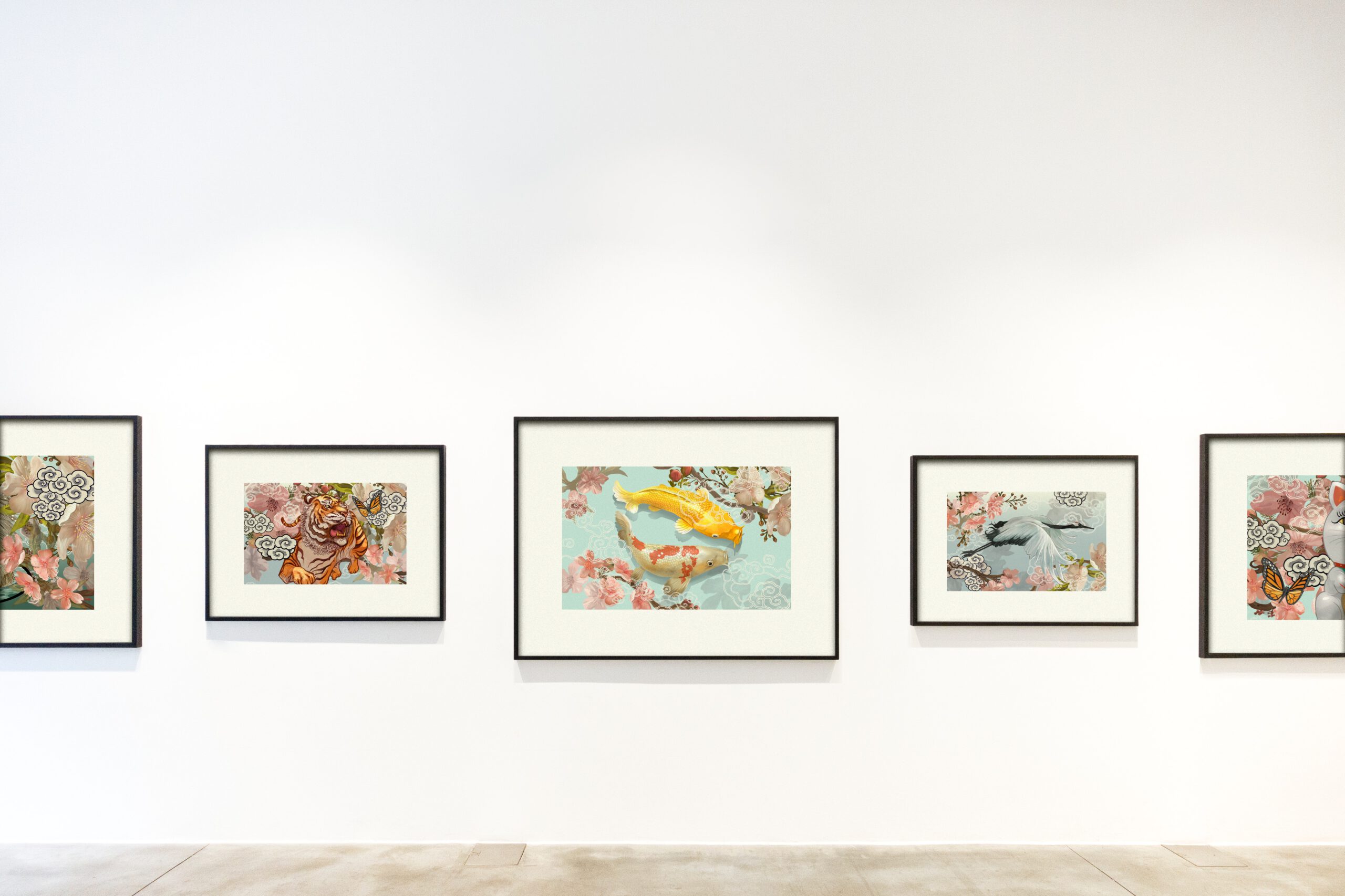 Framed paintings on a gallery wall representing the paintings at issue in an estate dispute