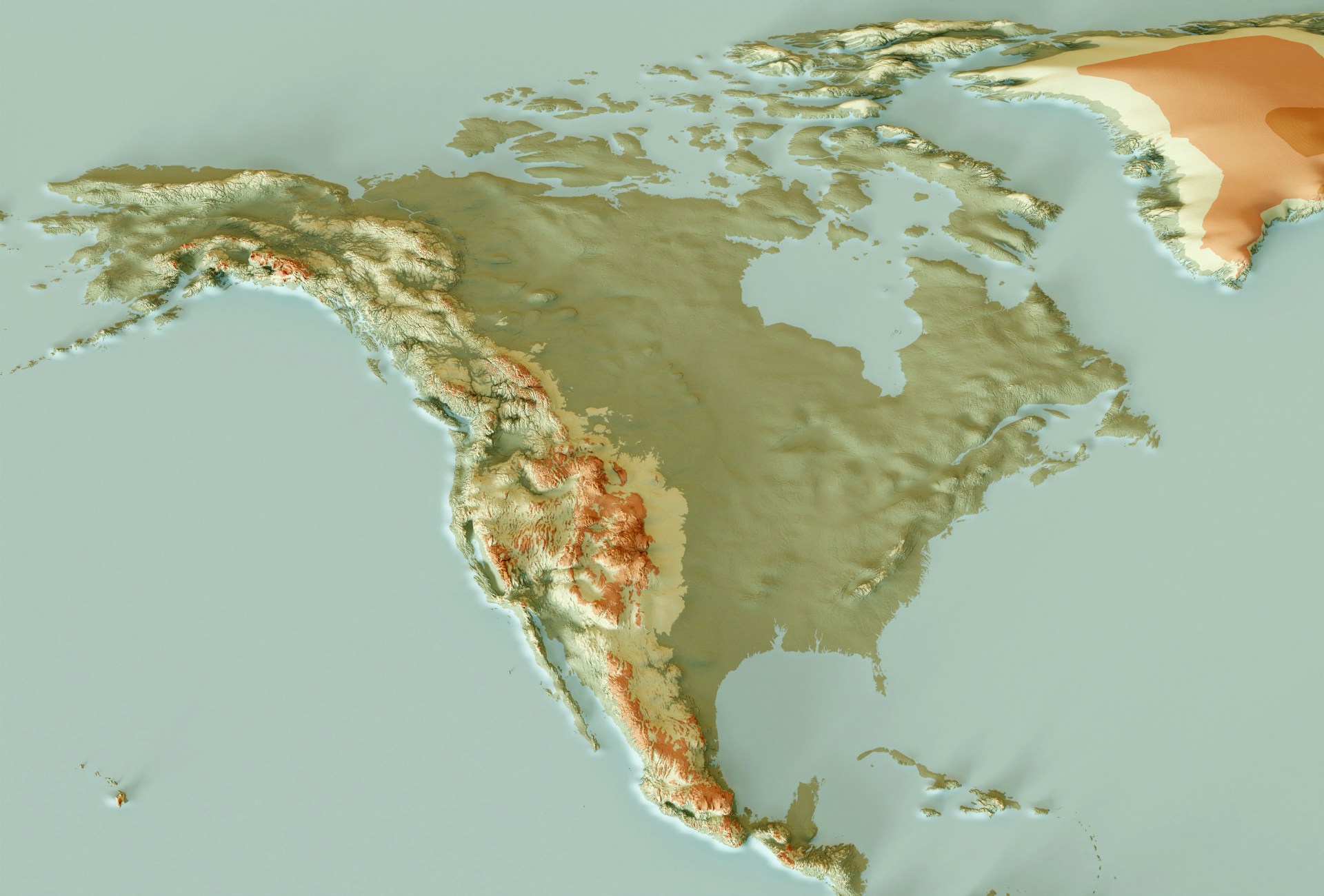 A topographical map of North America with flat land show in green and the mountains in beige and brown, representing cross-border estate administration in Ontario.